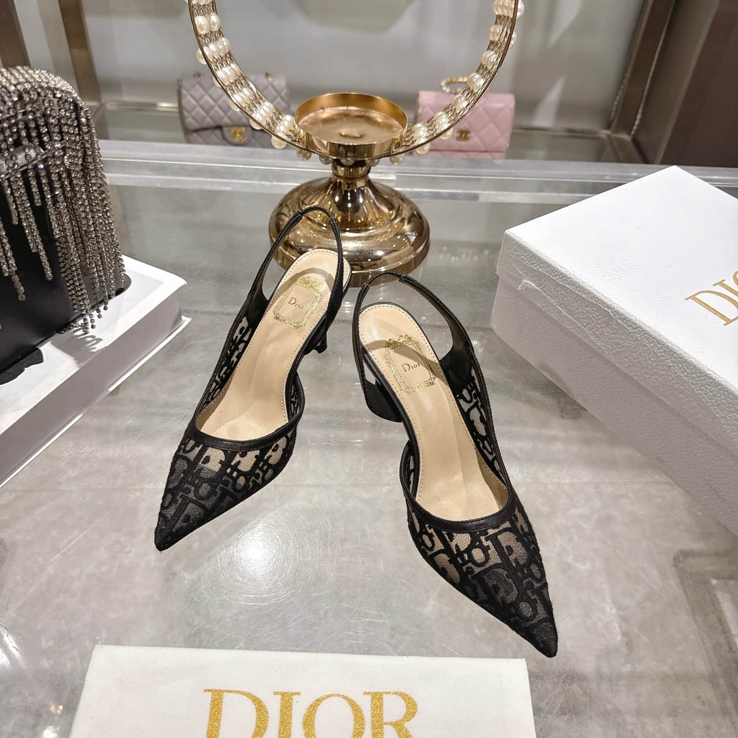 Dior Oblique embroidered mesh slingback pumps