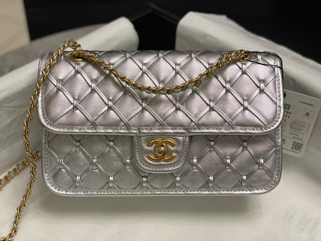 Chanel Small Flap Bag Metallized Braided Calfskin & Gold-Tone Metal  Silver AS4797 High