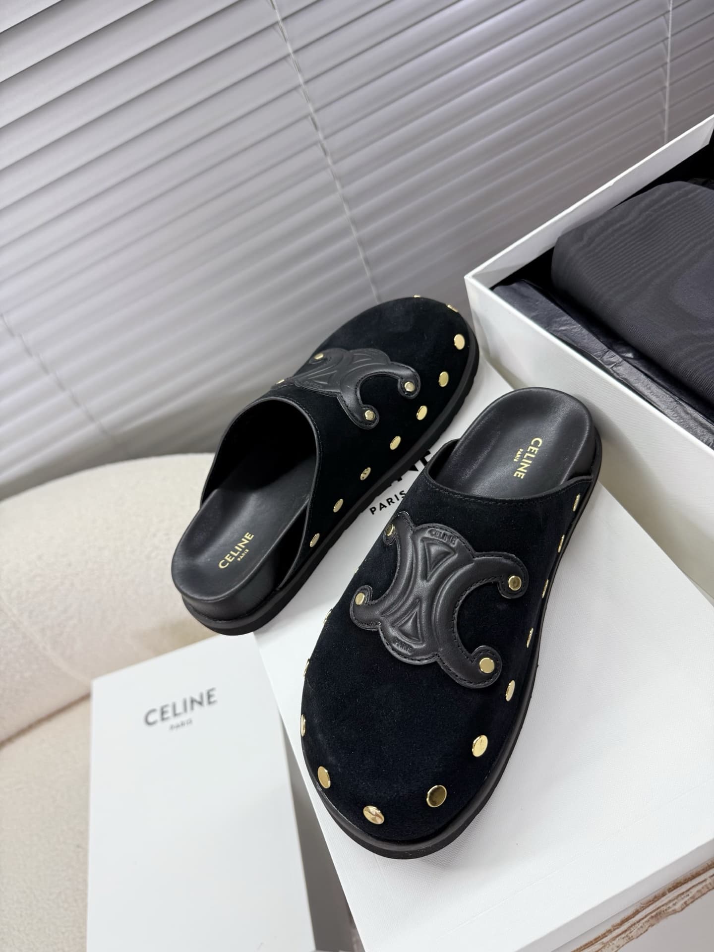 Celine Suede Studded Accents Slides Shoes Women