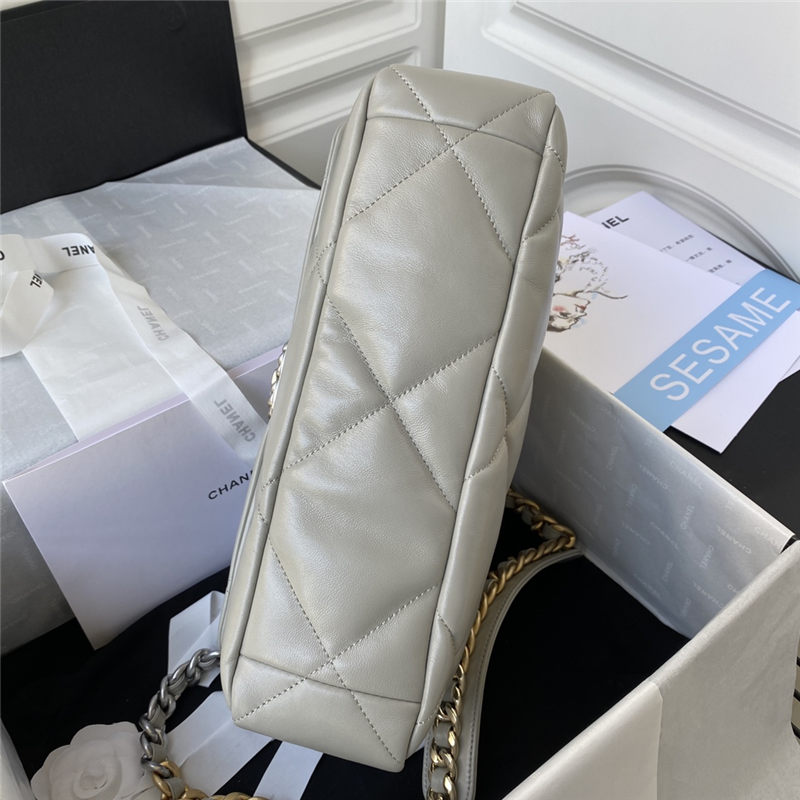 Large Chanel 19 Flap Bag Lambskin Grey Silver High