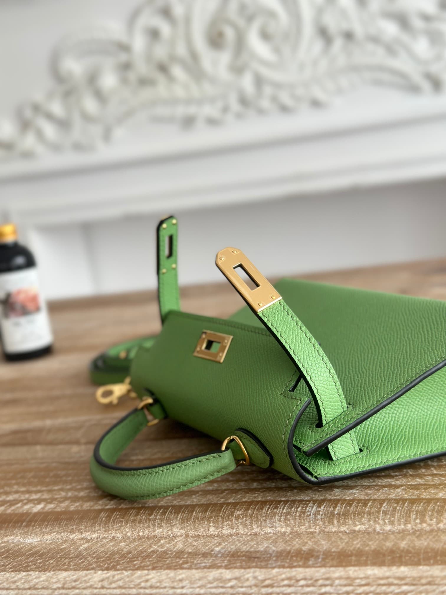 Hermes Kelly Mini II Bag Epsom Leather WAX Silver/Gold Metal Vert Criquet High
