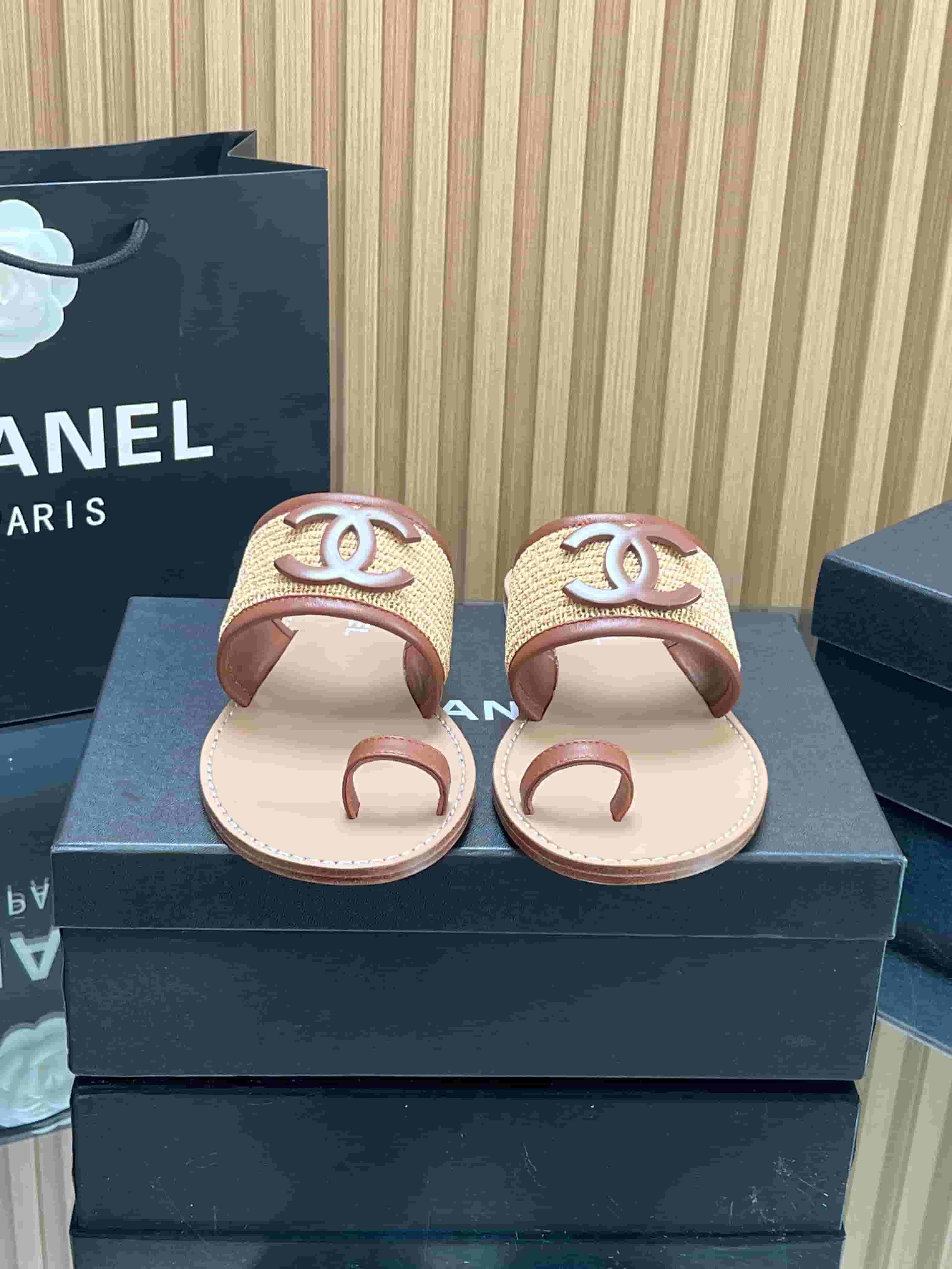 Chanel Raffia & lambskin Mules