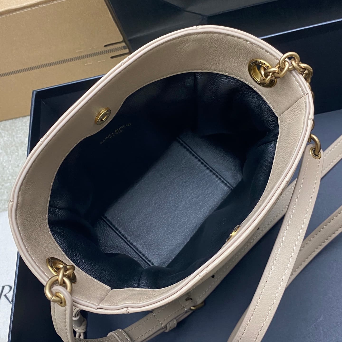 Saint Laurent Jamie Mini Leather Bucket Bag Beige Lambskin 859174 High
