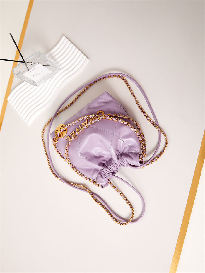 Chanel 22 MINI HANDBAG Shiny Calfskin Purple & Gold-Tone Metal AS3980 A