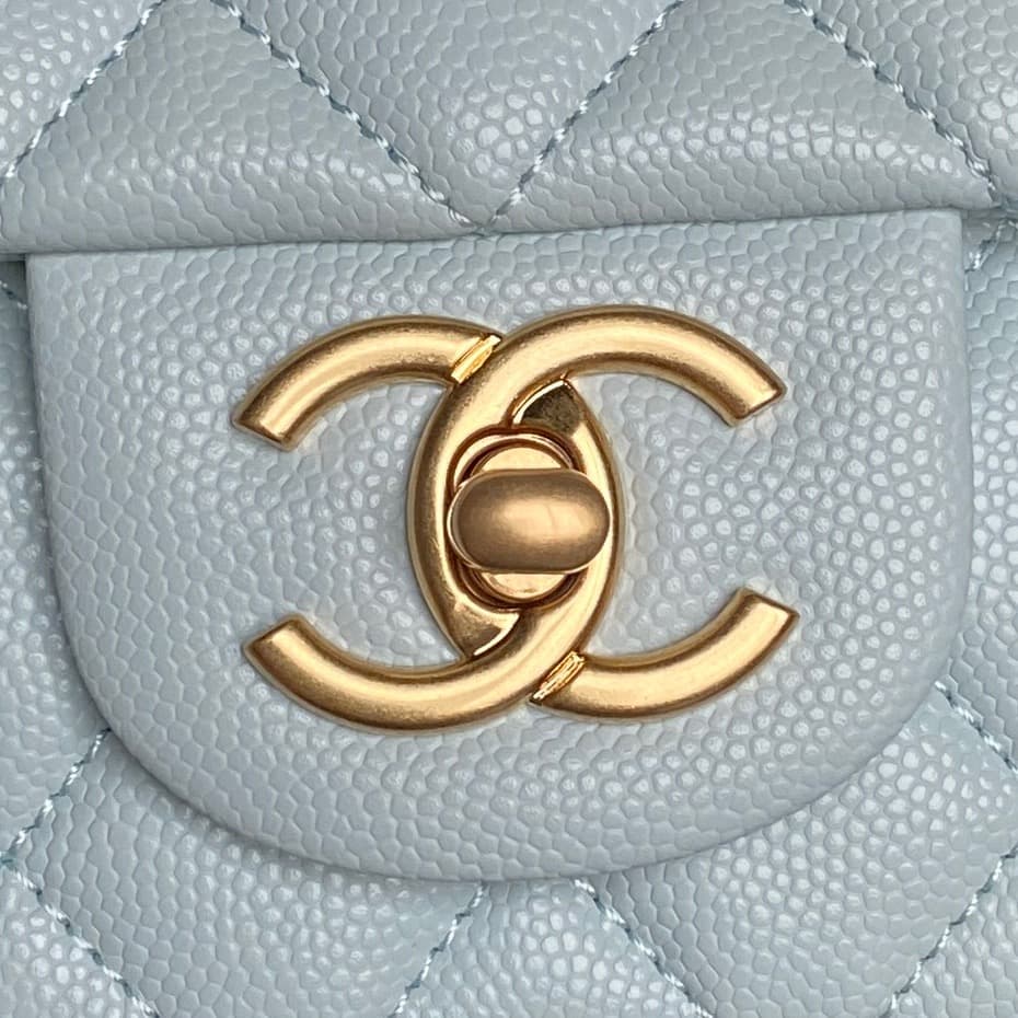 Chanel Mini Flap Bag with Top Handle Grained Shiny Calfskin & Gold-Tone Metal Light Blue AS5701 A