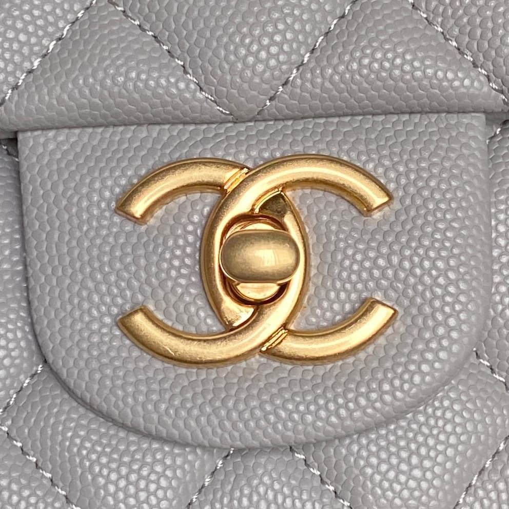 Chanel Mini Flap Bag with Top Handle Grained Shiny Calfskin &  Gold-Tone Metal Grey AS5702 A