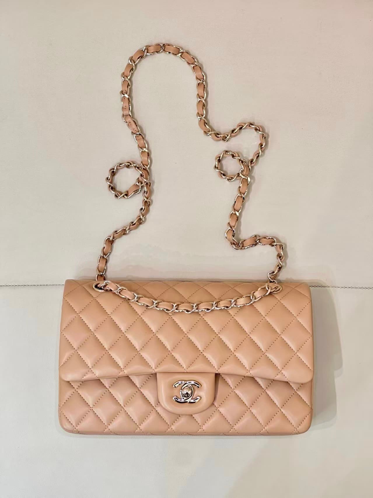 Chanel Medium CLASSIC HANDBAG Lambskin & Gold-Tone Metal Milk Tea Color TOP