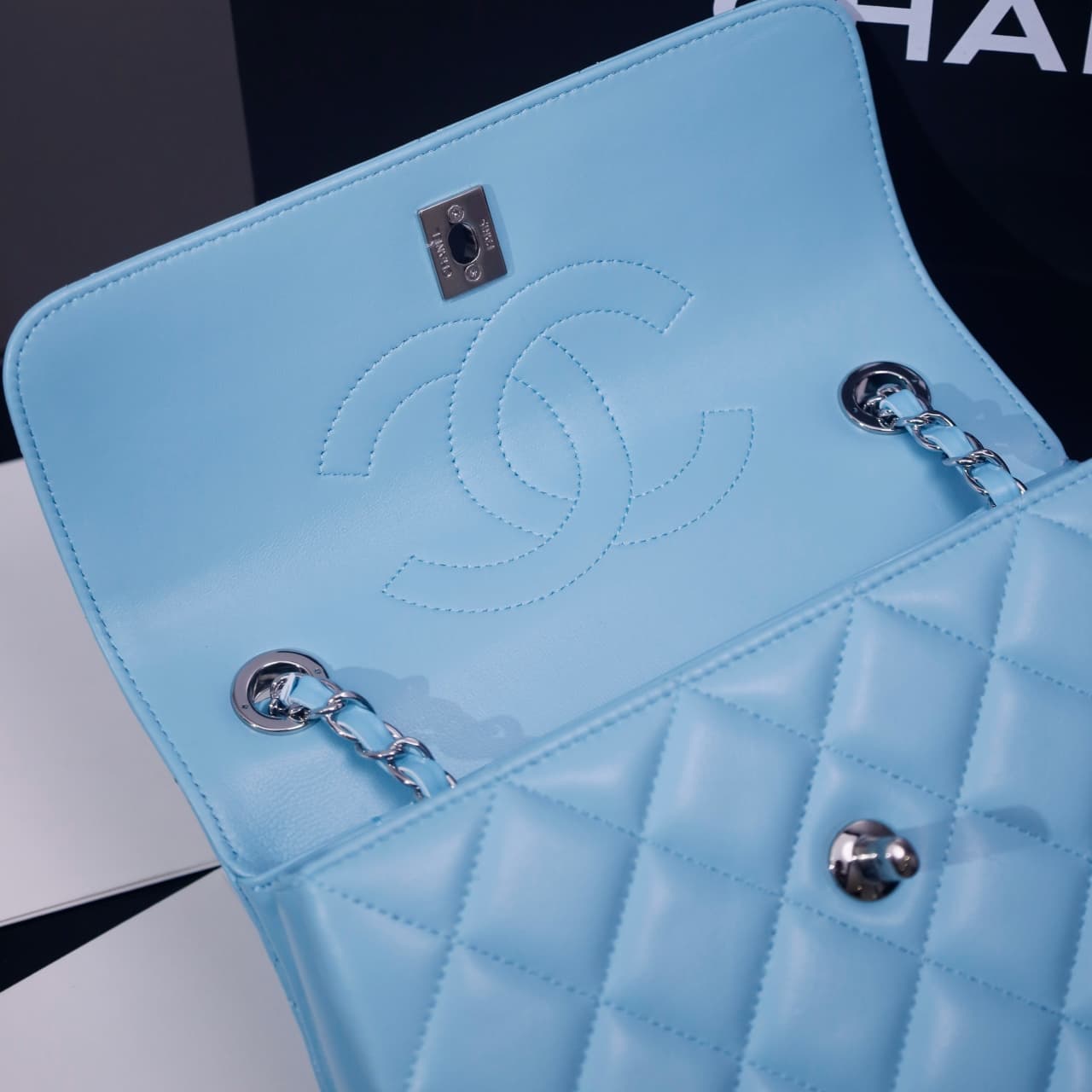 SMALL FLAP BAG WITH TOP HANDLE Lambskin Silver Metal Sky Blue A