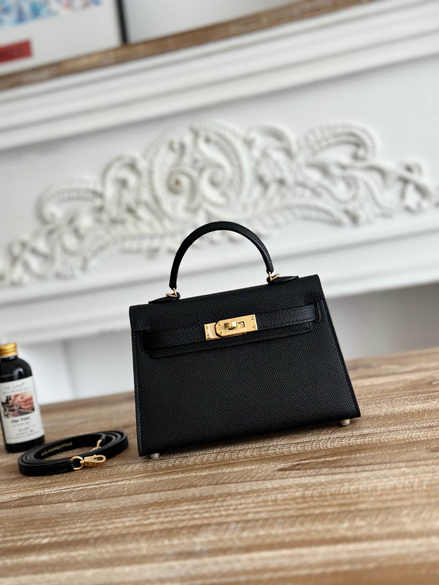 Hermes Kelly Mini II Bag Epsom Leather WAX Silver/Gold Metal Black High