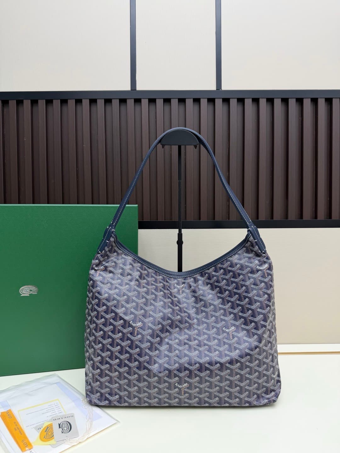 Goyard Bohème Navy Blue Hobo Bag Chevron Canvas and White Painted Mascot High