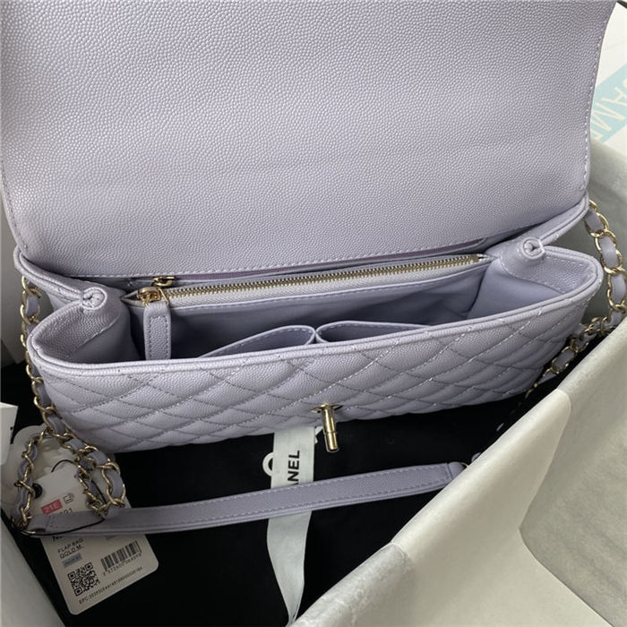 Medium FLAP BAG WITH TOP HANDLE Grained Calfskin Gold Metal Lilac A