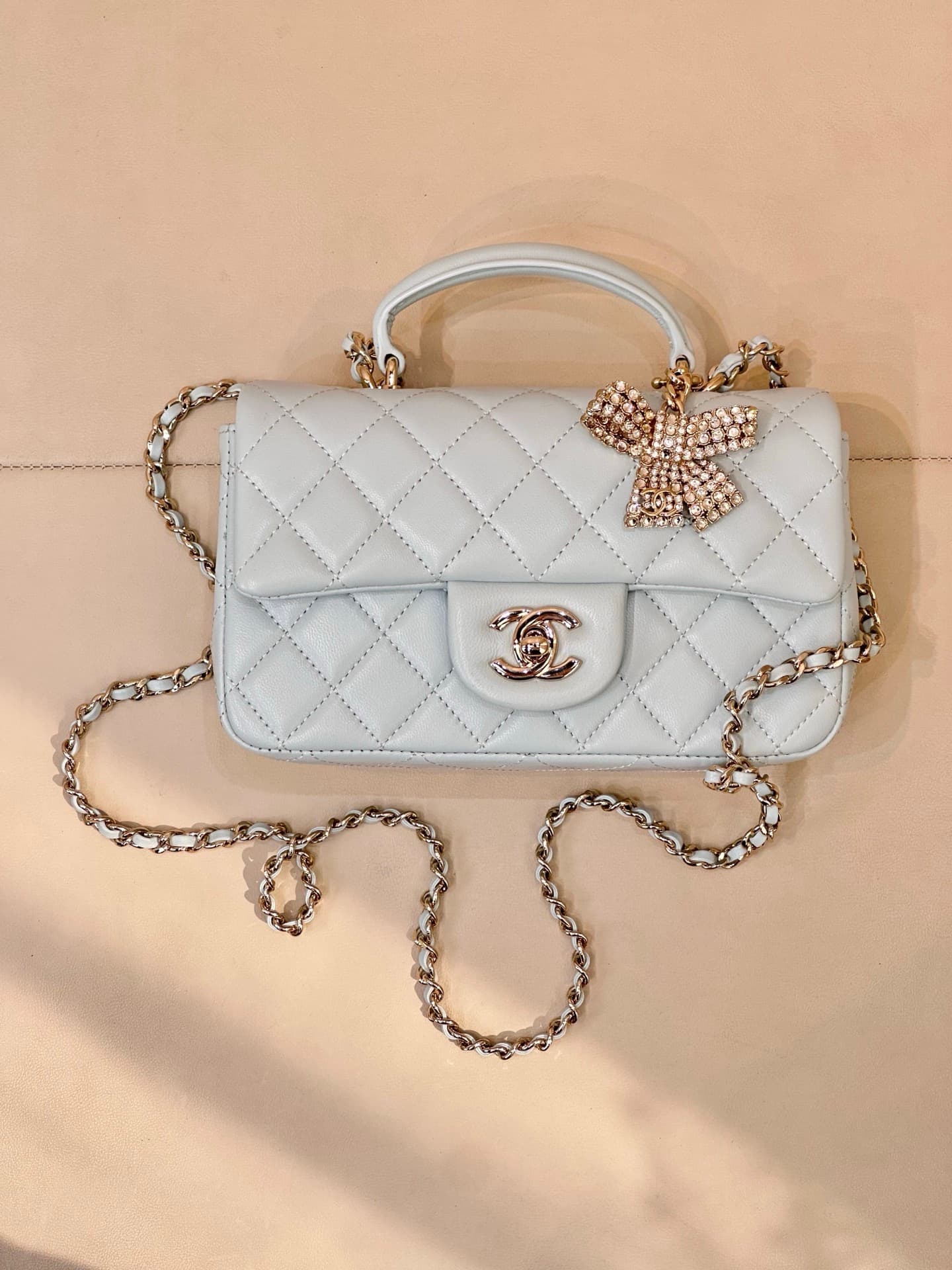 Chanel Mini Classic Handbag Lambskin Strass & Gold-Tone Metal AS2431 light blue TOP