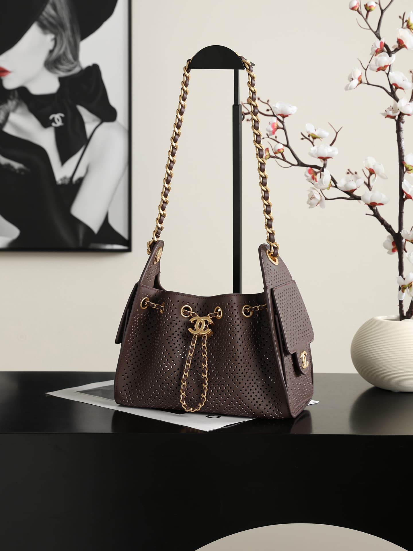 CHANEL 25 Mini Handbag Perforated Calfskin & Gold-Tone Metal Dark Brown AS5631 A