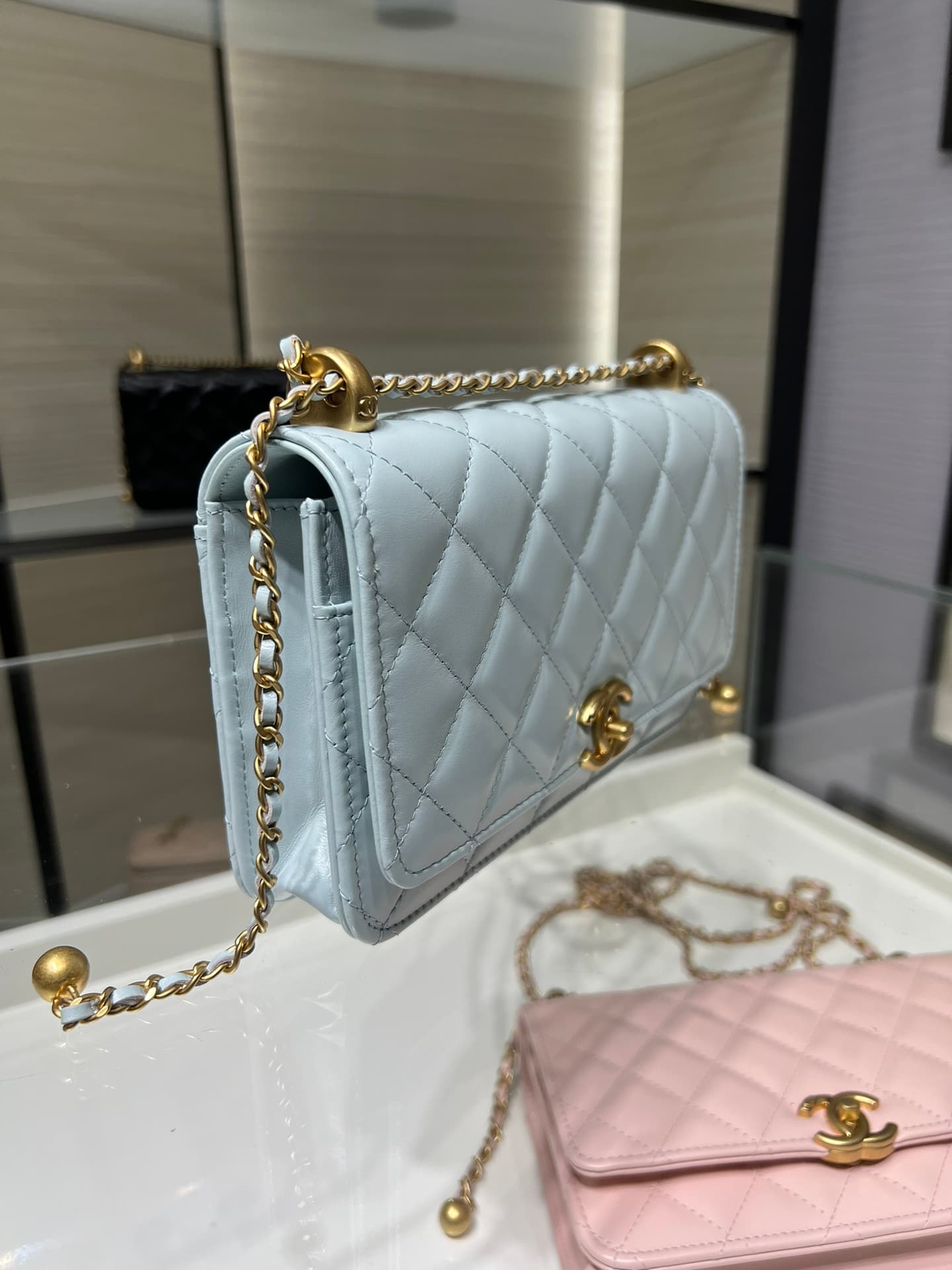 Chanel Wallet on Chain Shiny Calfskin & Gold-Tone Metal Light Blue AP2289 High