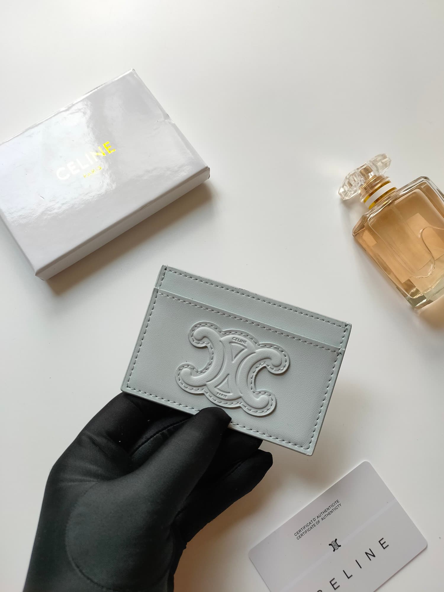 Celine Triomphe card holder in light green shiny calfskin leather 10B703 High