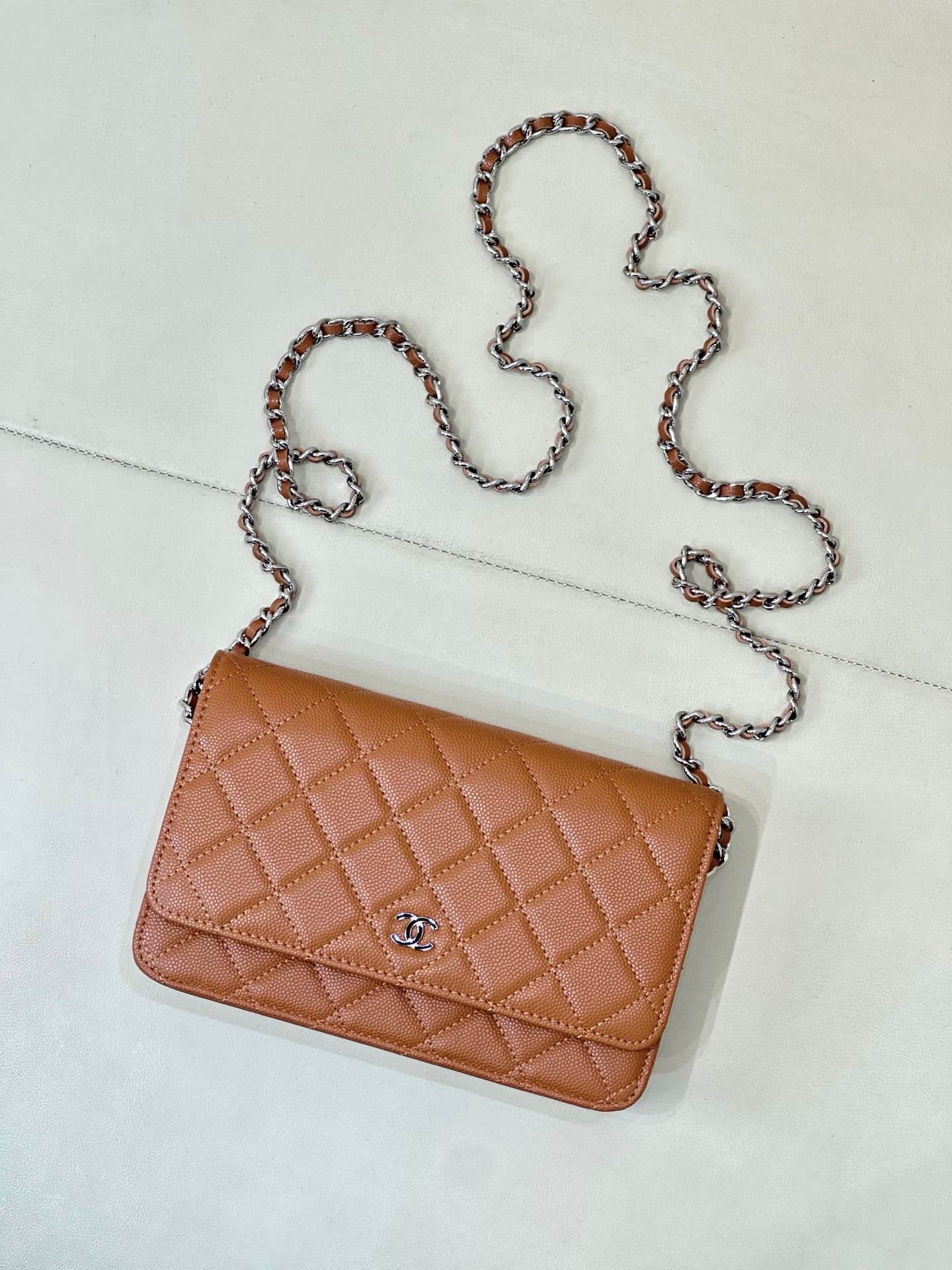 Chanel Wallet on Chain Grained Calfskin& Silver-tone Metal AP0250 Caramel TOP