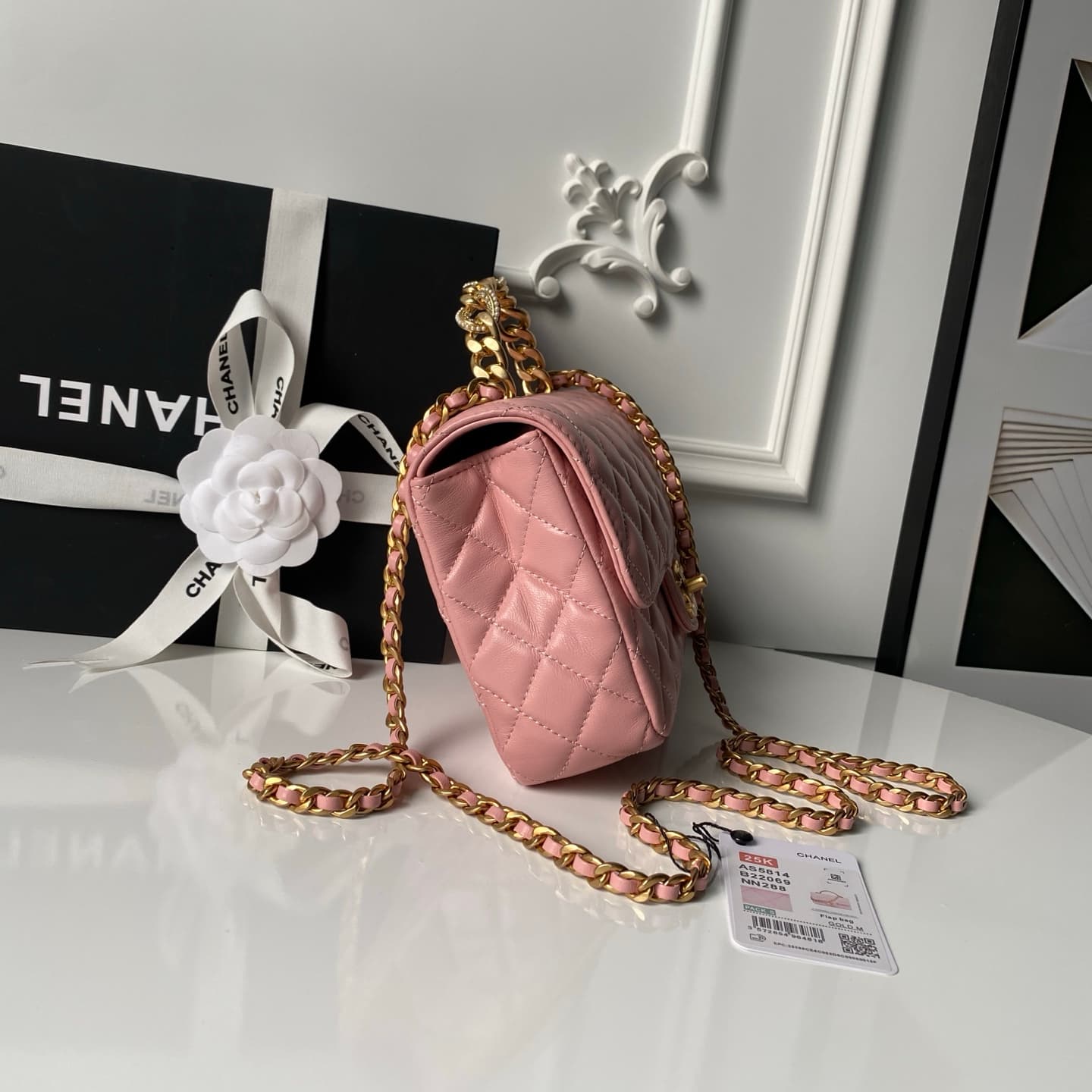 Chanel Small Flap Bag with Top Handle Lambskin& Gold-tone Metal Light Pink AS5814 A