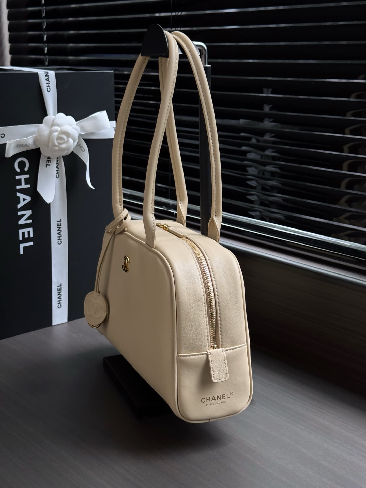 Chanel Large Bowling Bag Calfskin & Gold-Tone Metal Beige AS6580 High