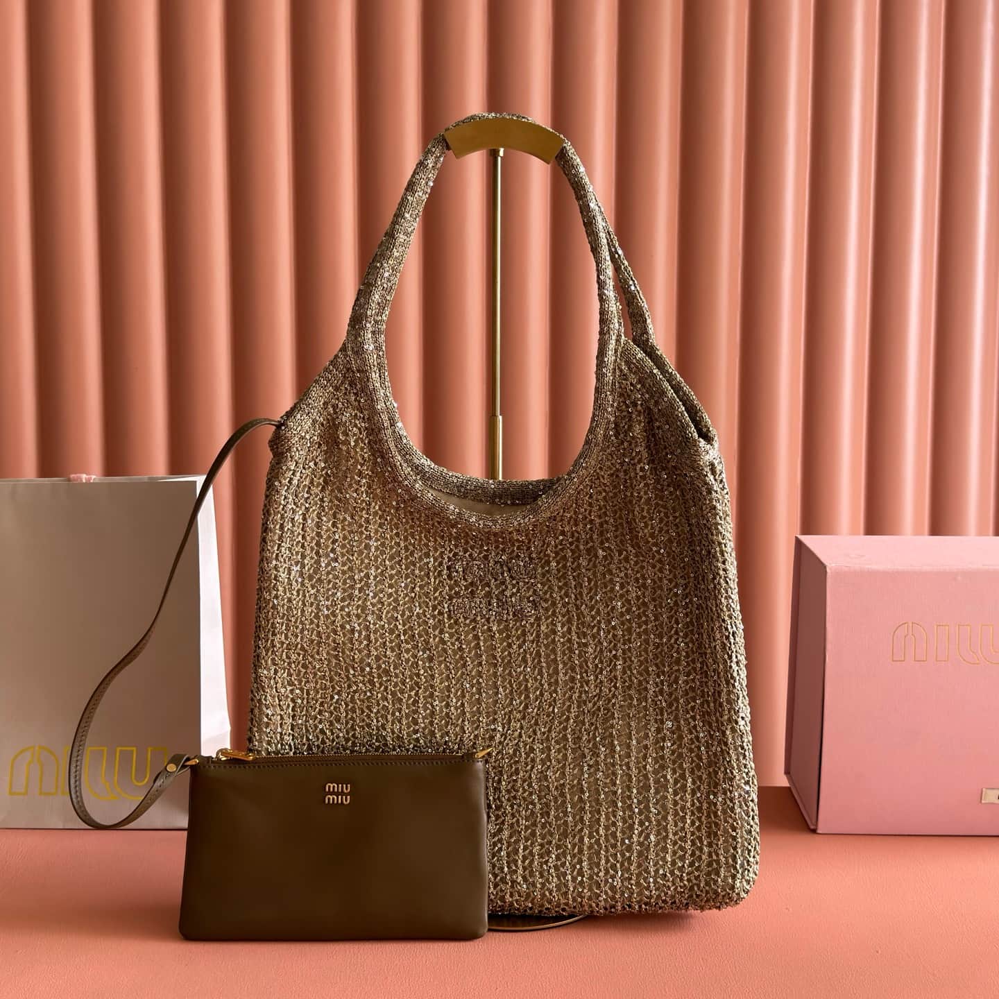 Miu Miu Ivy sequin mesh bag Cocoa Brown 5BG231 TOP