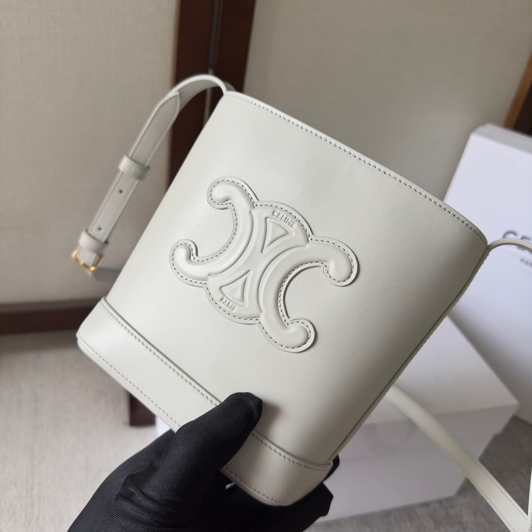 CELINE Small Bucket Bag in White Smooth Calfskin Leather High