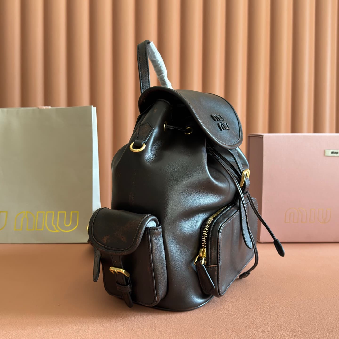Miu Miu Leather backpack Coffee Calfskin 5BZ042  High