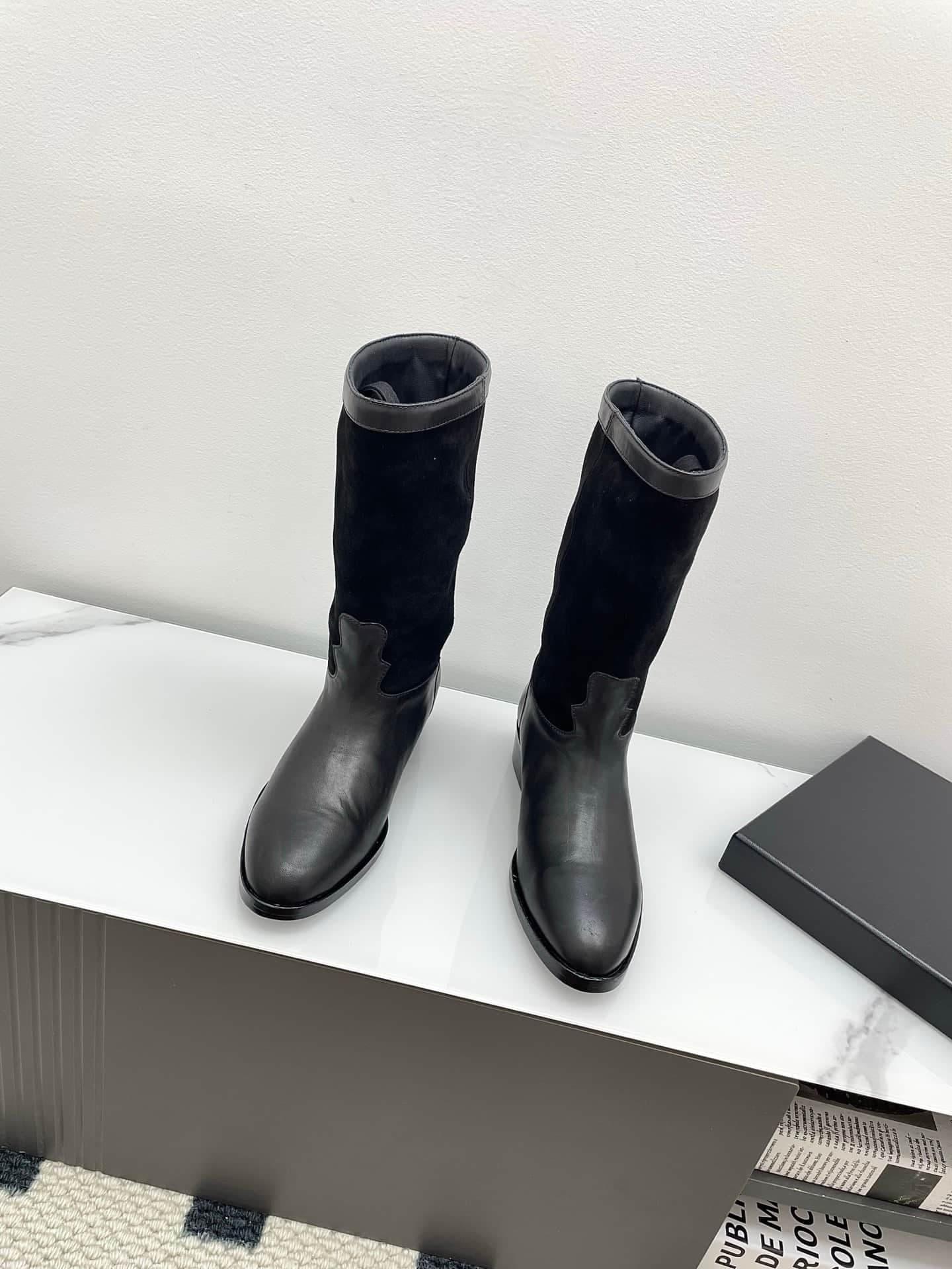 Chanal Calfskin Suede CC Knee Boots Women