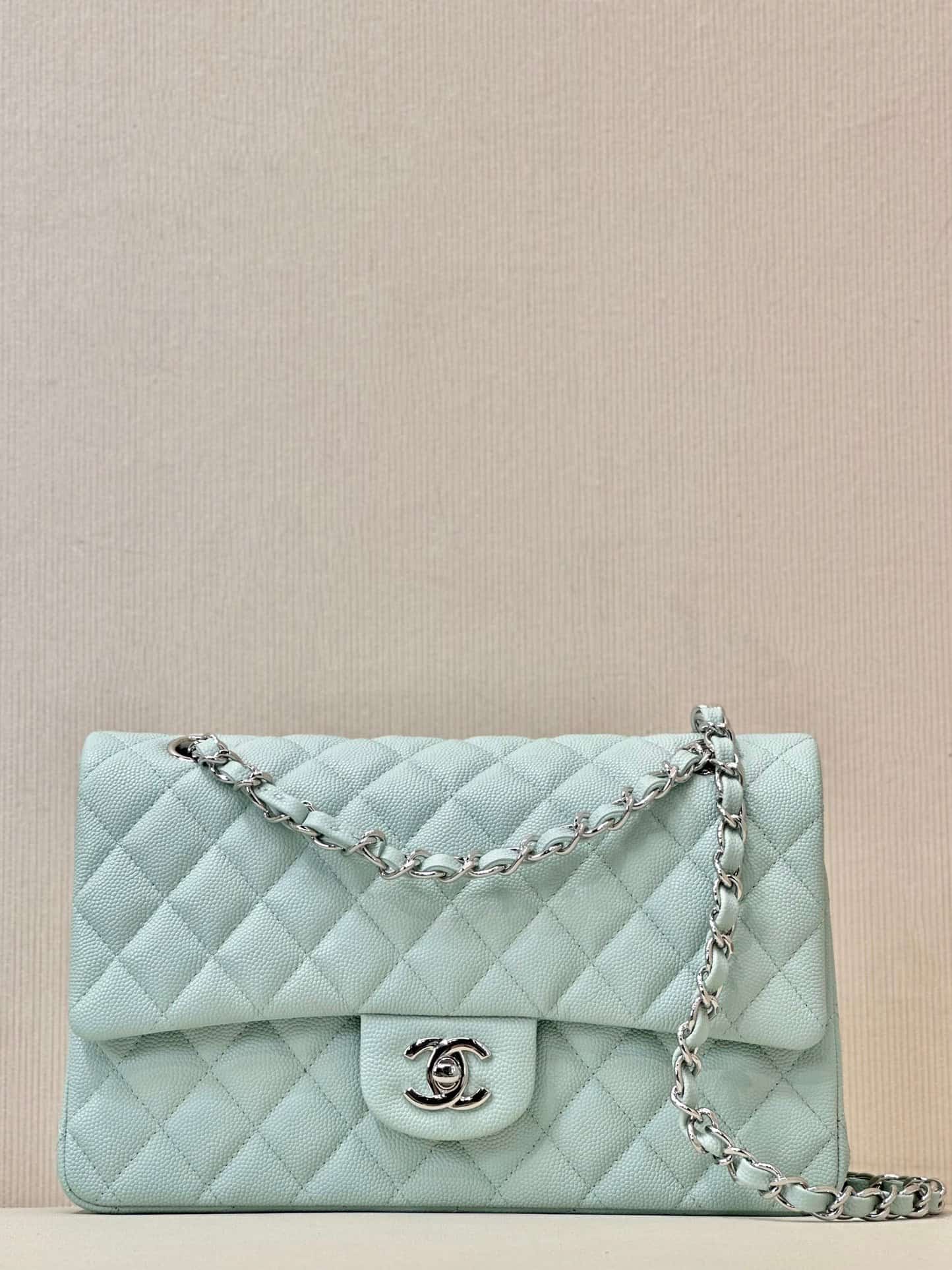 Chanel Medium CLASSIC HANDBAG Grained  Calfskin & Silver-Tone Metal Light Blue TOP