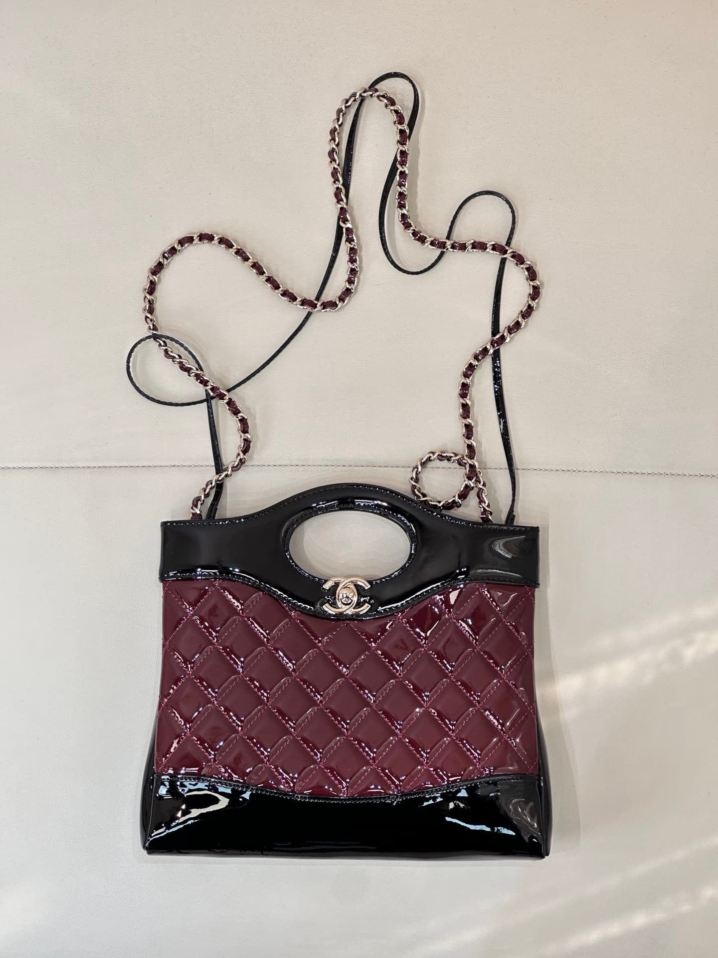 CHANEL 31 Mini Shopping Bag Quilted Patent Leather & Gold-Tone Metal AS4133 Black/Burgundy TOP
