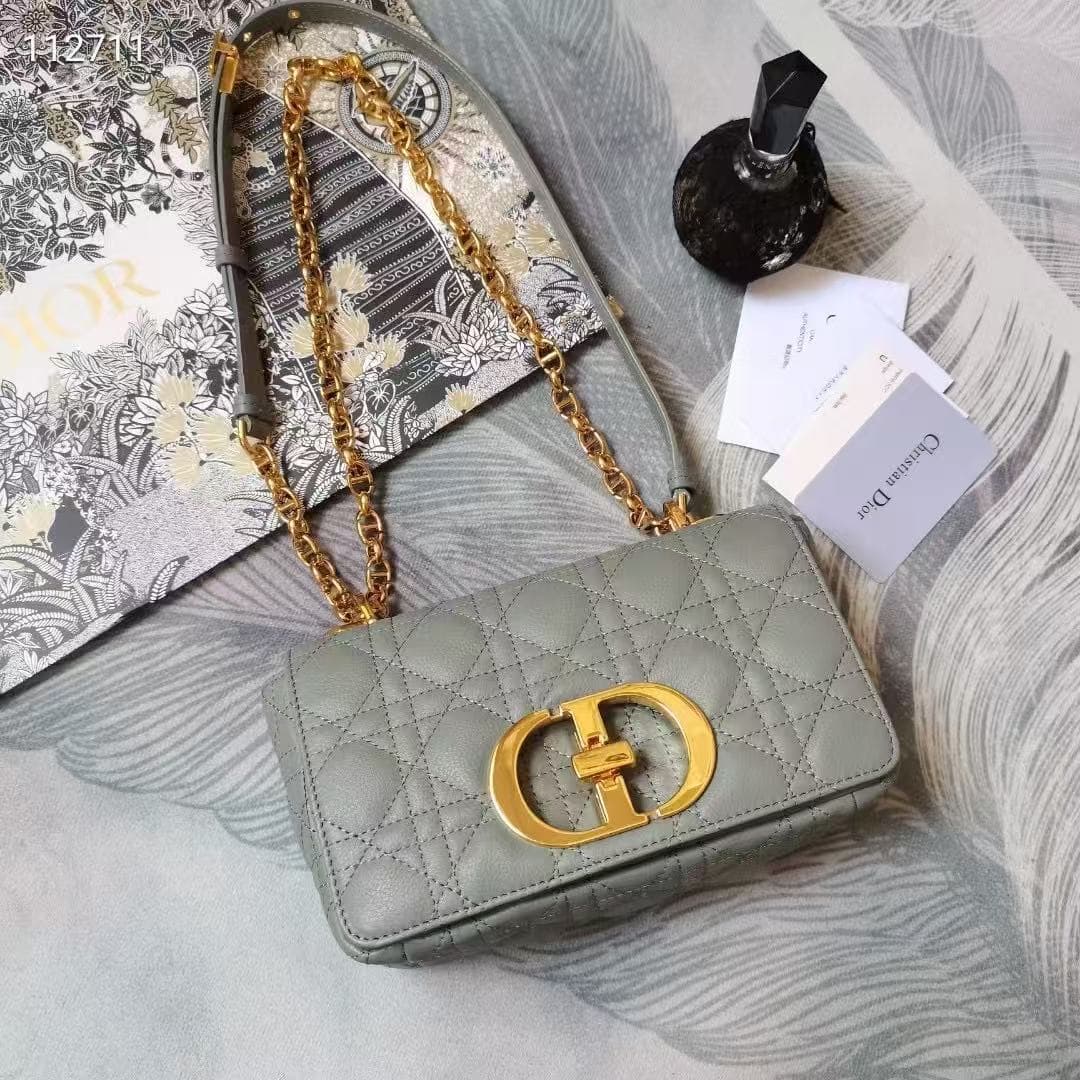 Small Dior CARO BAG Supple Cannage Gold Metal Calfskin Grey High