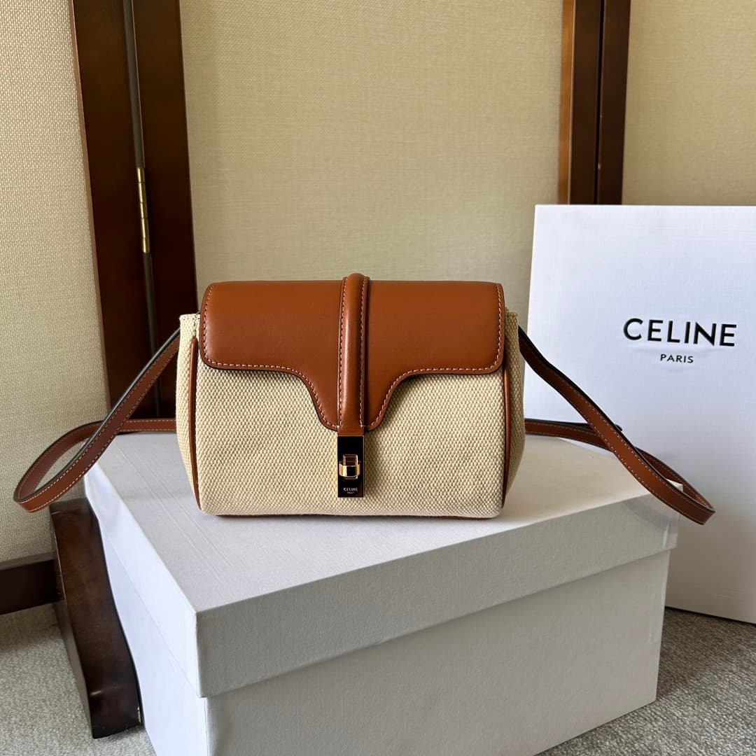 Celine Canvas and Calfskin Small 16 Bag in Natural and Tan High