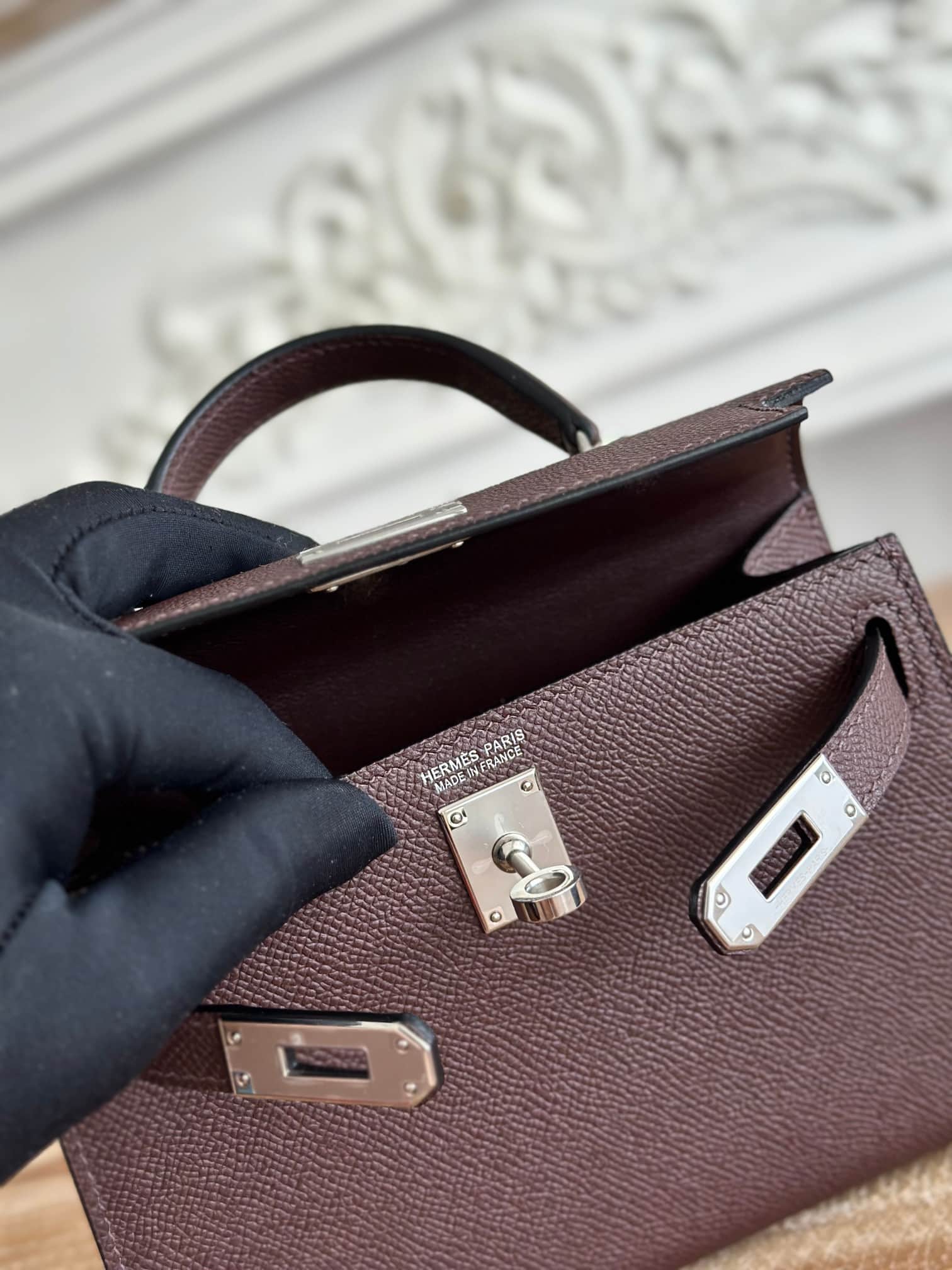 Hermes Kelly Mini II Bag Epsom Leather WAX Silver/Gold Metal Rouge Sellier High