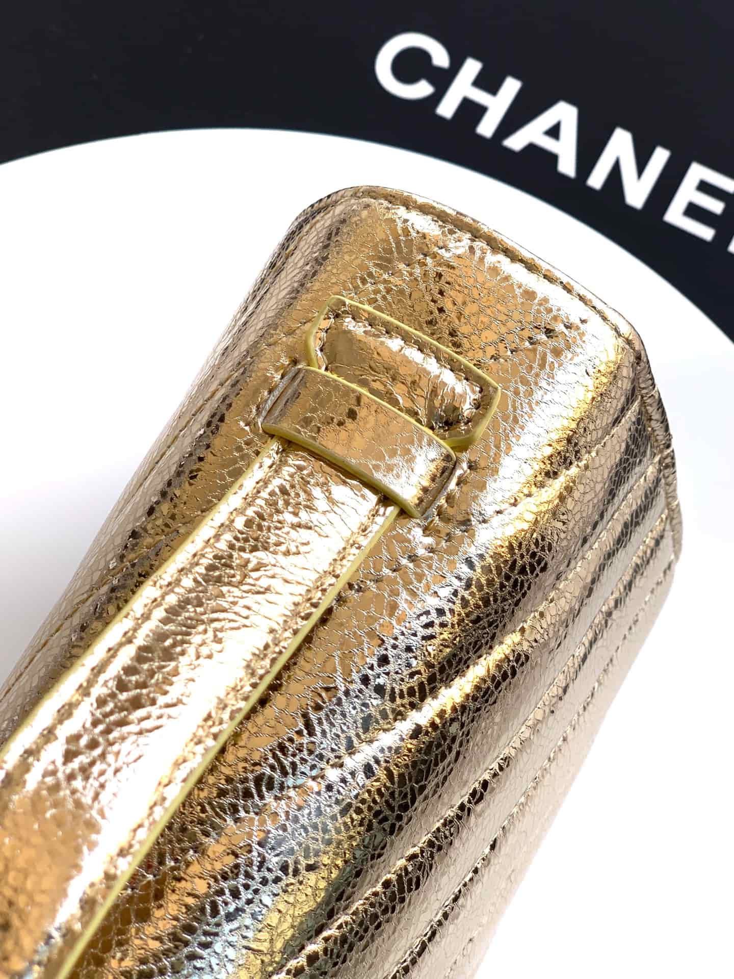 Chanel Flap Bag with Top Handle Metallic Chevron Lambskin Leather Finish& Champagne Gold-Tone Metal Gold AS6044 A