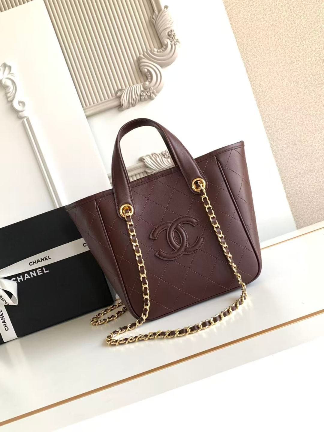Chanel Mini Shopper Bag Calfskin and Gold-tone Metal Dark Brown AS6199 A