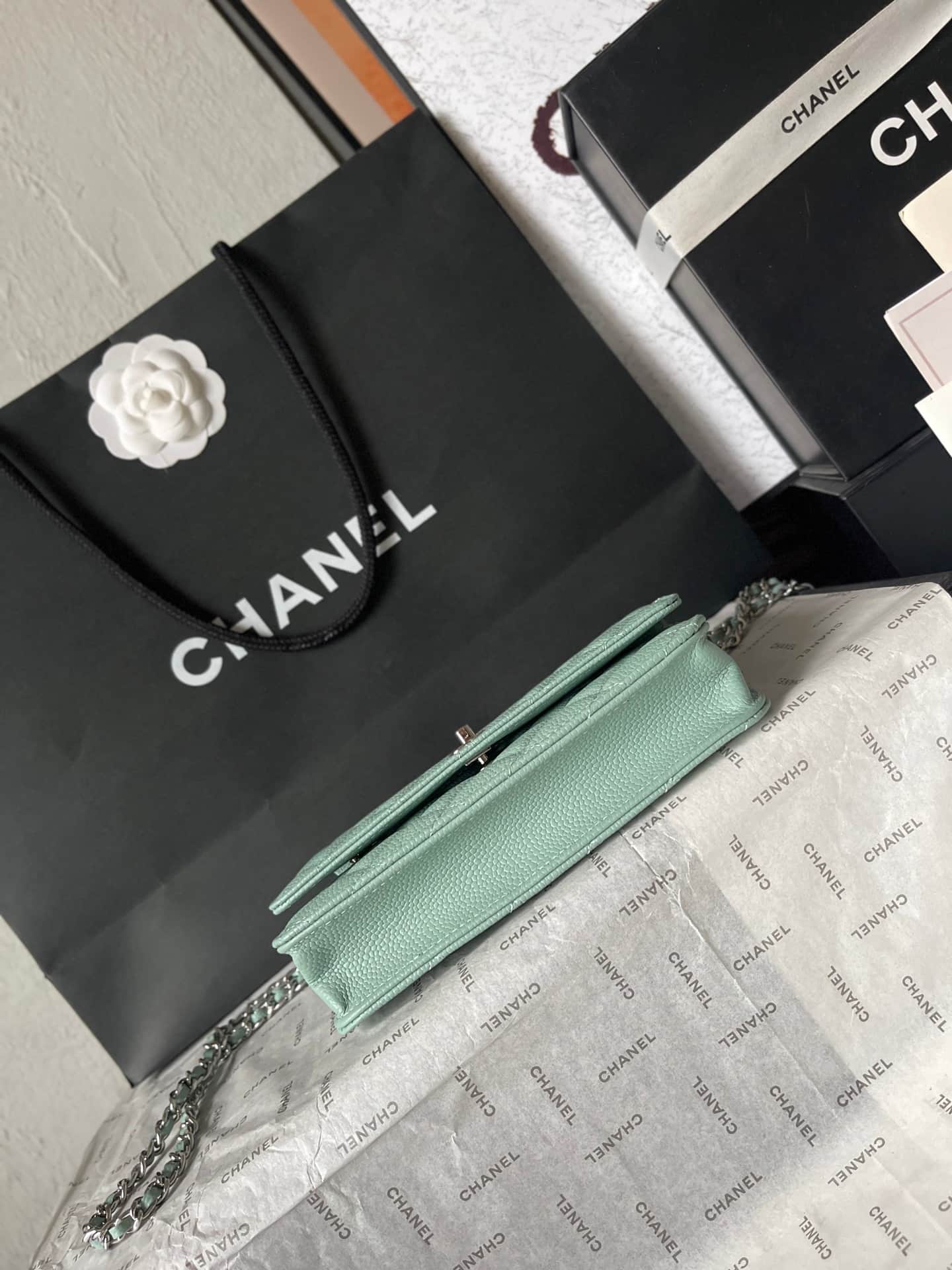 Chanel Classic Wallet on Chain Grained Shiny Calfskin & Silver-Tone Metal AP4241 Light Green A