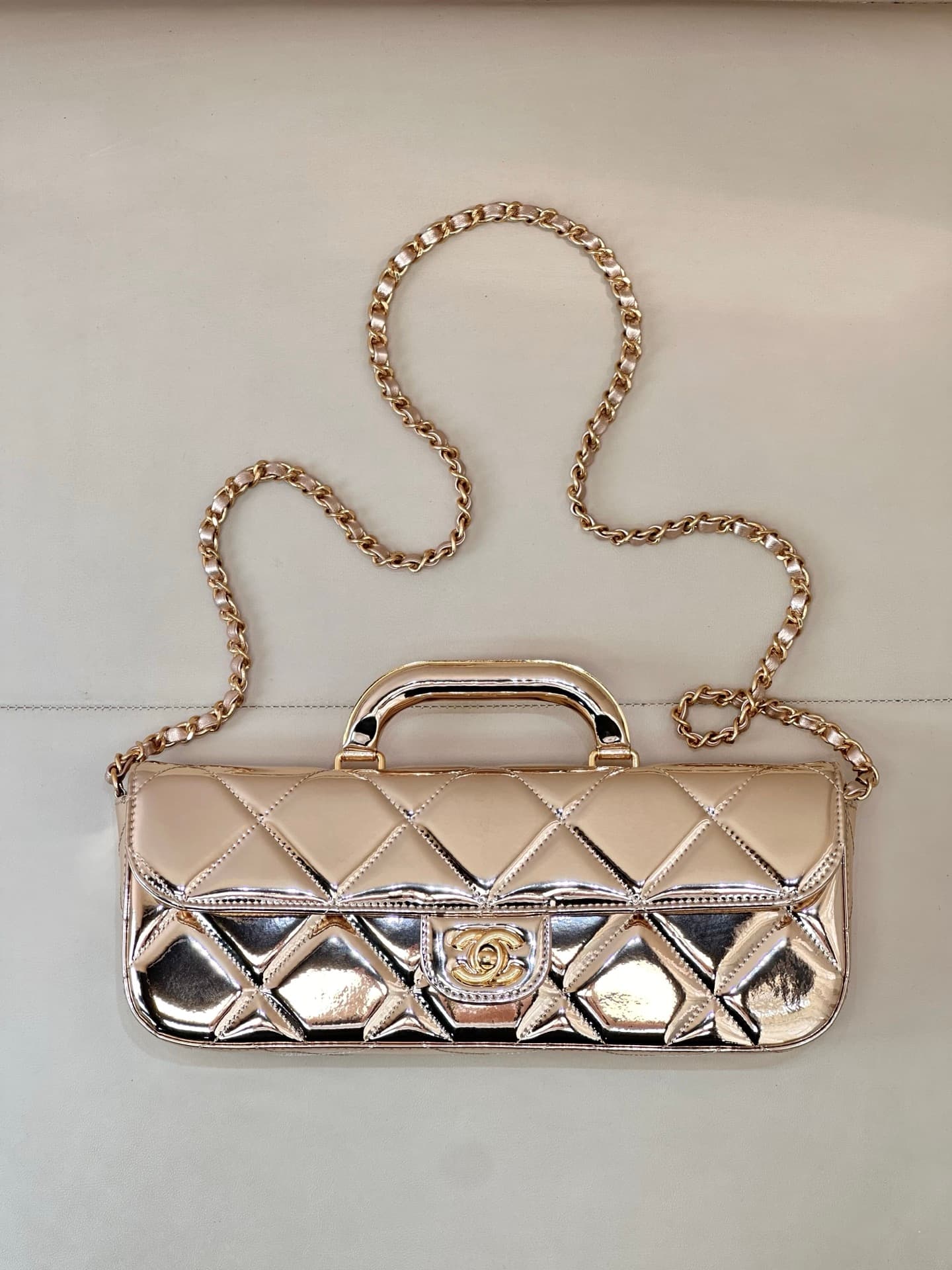 Chanel Large Flap Bag With Top Handle Metallic Mirror Lambskin & Gold-tone Metal AS5807 Gold TOP