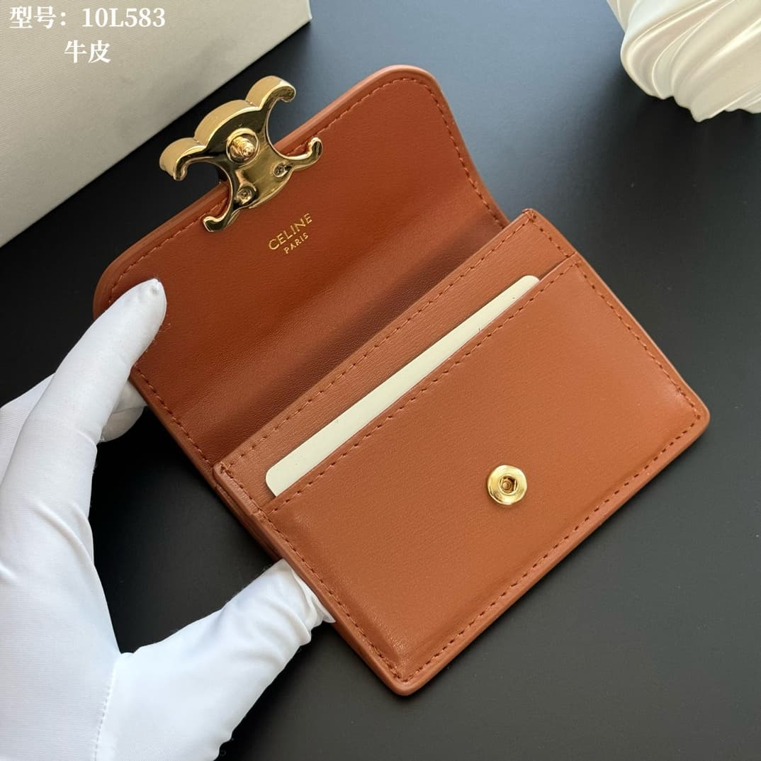 Celine Triomphe Flap Card Holder in shiny Caramel calfskin High