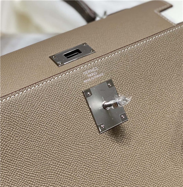 Hermes Kelly 25/28cm Sellier Bag Epsom Leather Silver/Gold Metal In Etoupe-Silver High