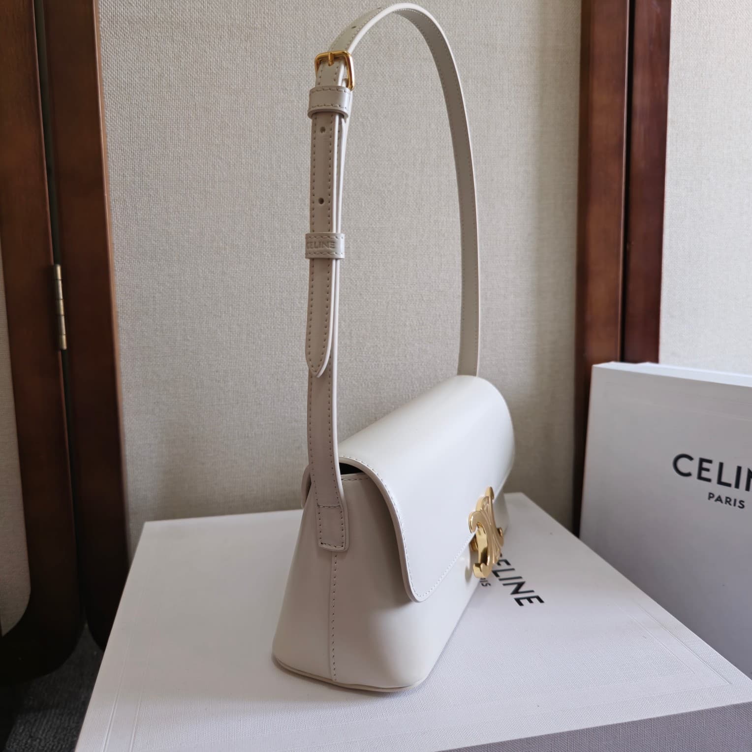 Celine Triomphe Shoulder Bag in Shiny Calfskin White High