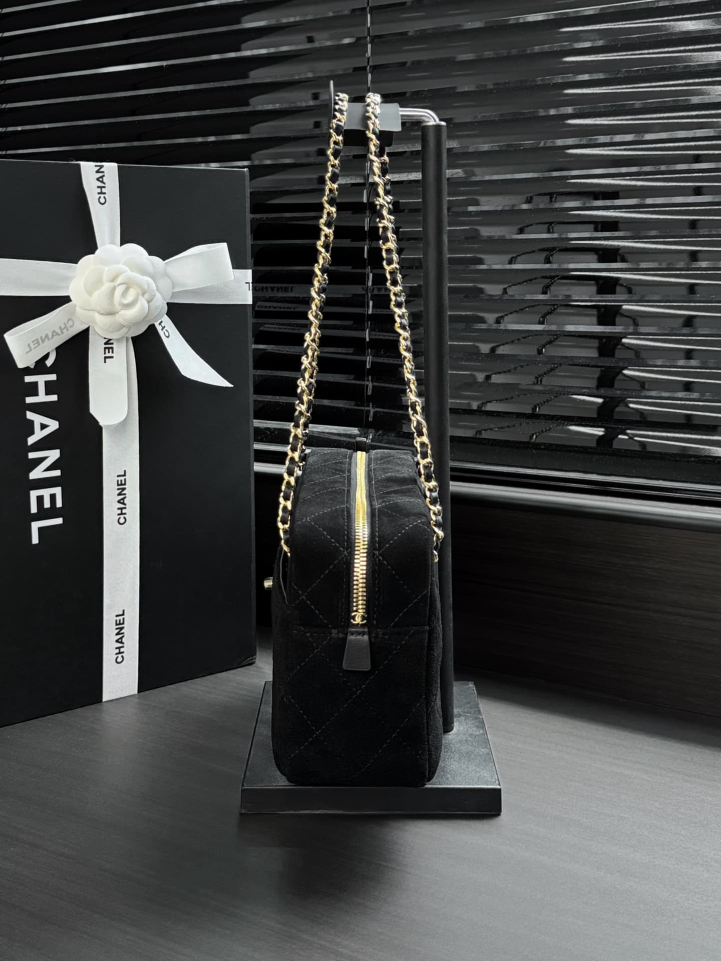 Chanel Maxi Camera Case Suede Calfskin & Gold Metal Black AS6443 A