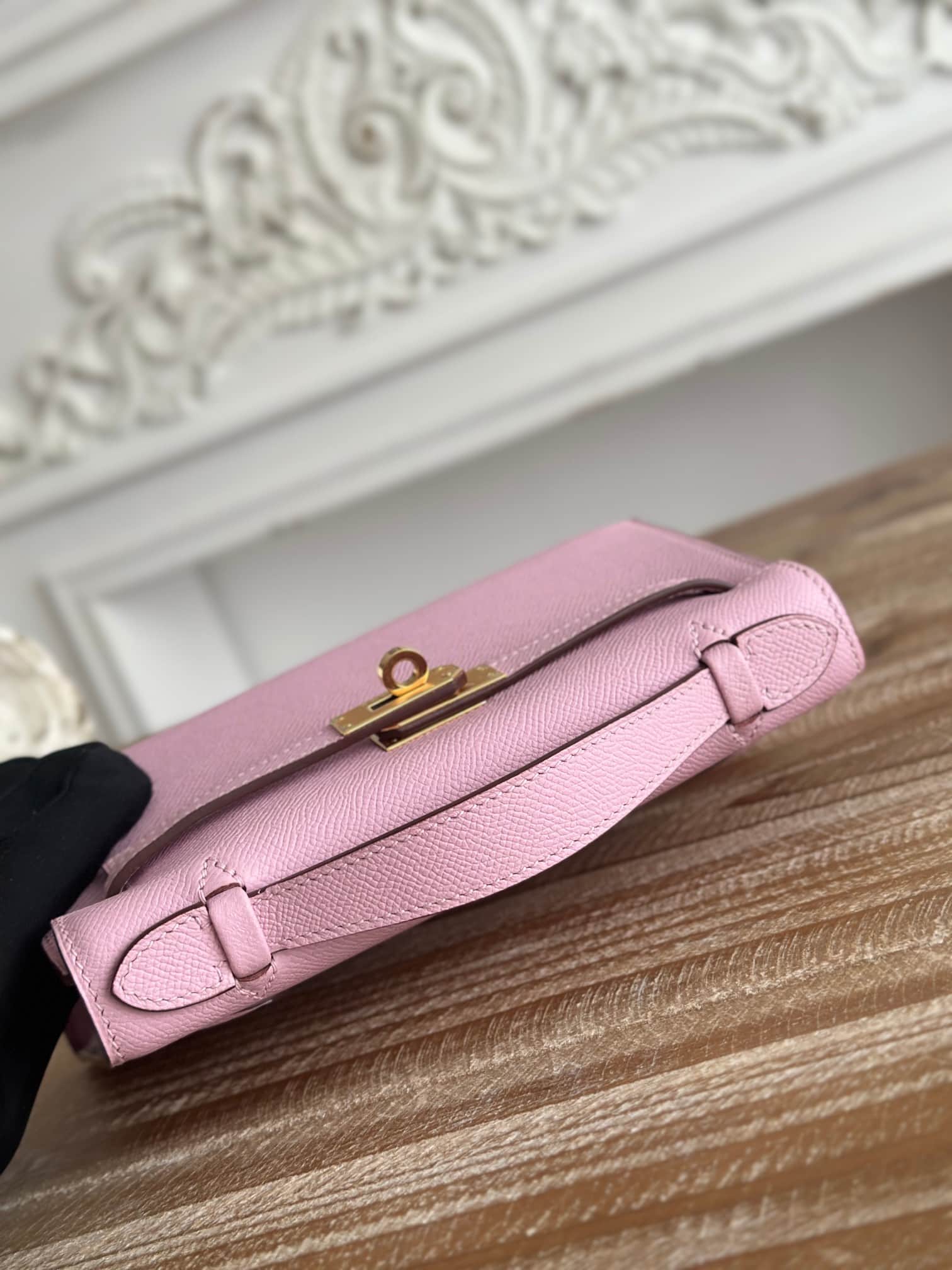 Hermes Kelly Pochette Bag Epsom Leather Silver/Gold Metal Mauve Sylvestre WAX High
