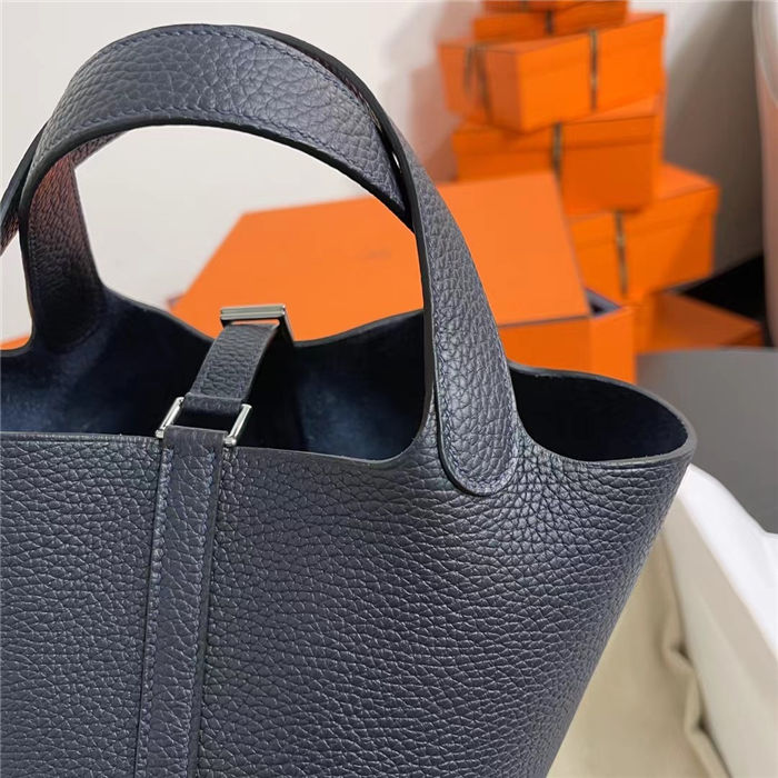 Hermes Picotin Lock 18/22 Bag Togo Leather In Blue Nuit-Silver WAX High