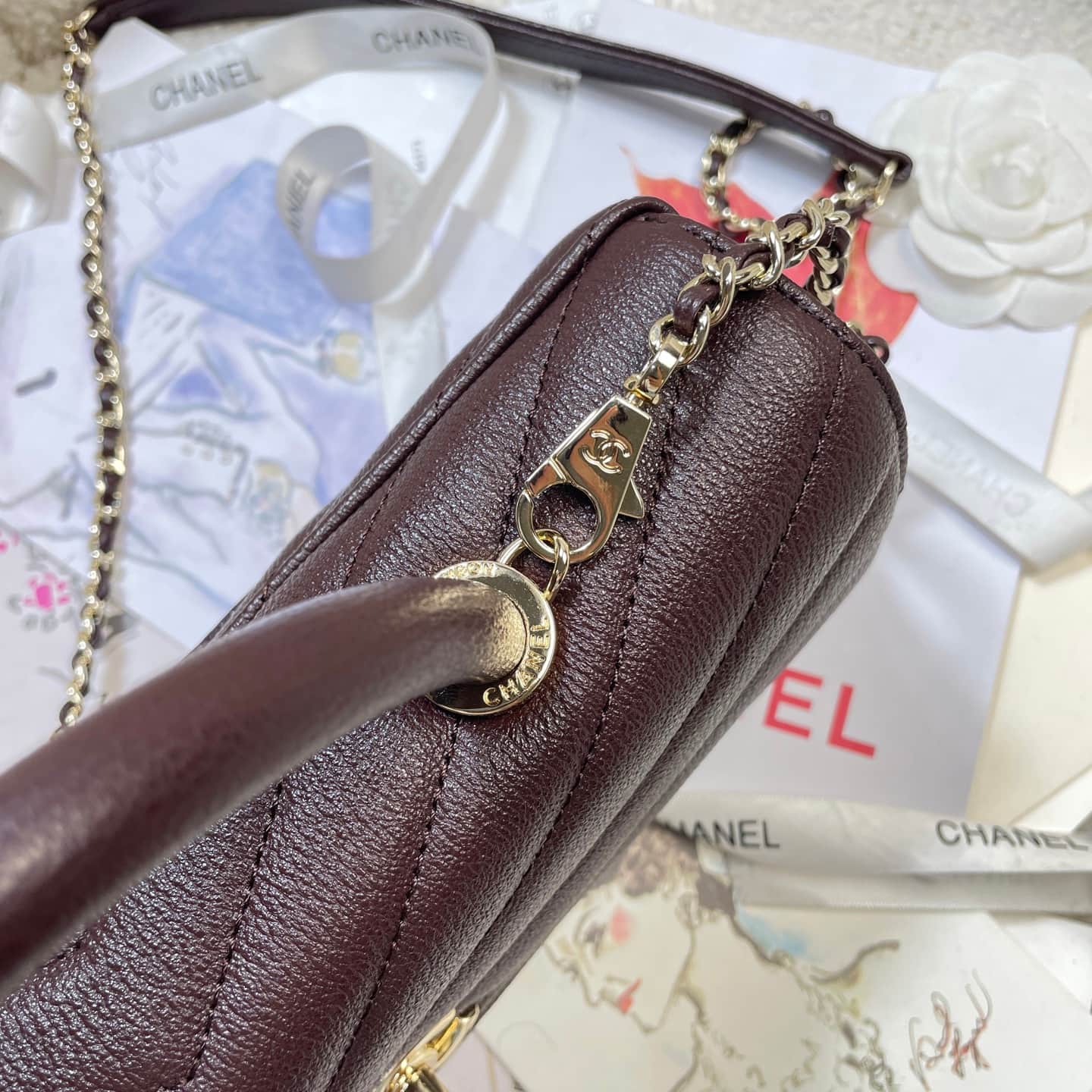 Chanel Maxi Flap Bag with Top Handle Calfskin& Gold-Tone Metal AS6091 Dark Brown A