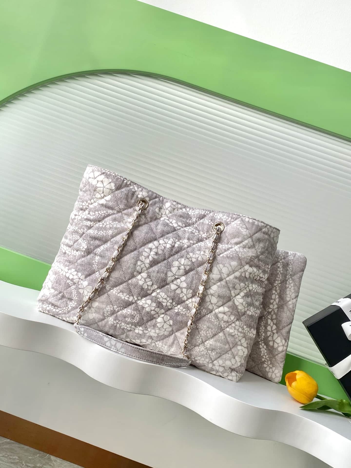 Chanel Beach Hobo Handbag Printed Cotton & Gold-Tone Metal AS5429 White and Grey A