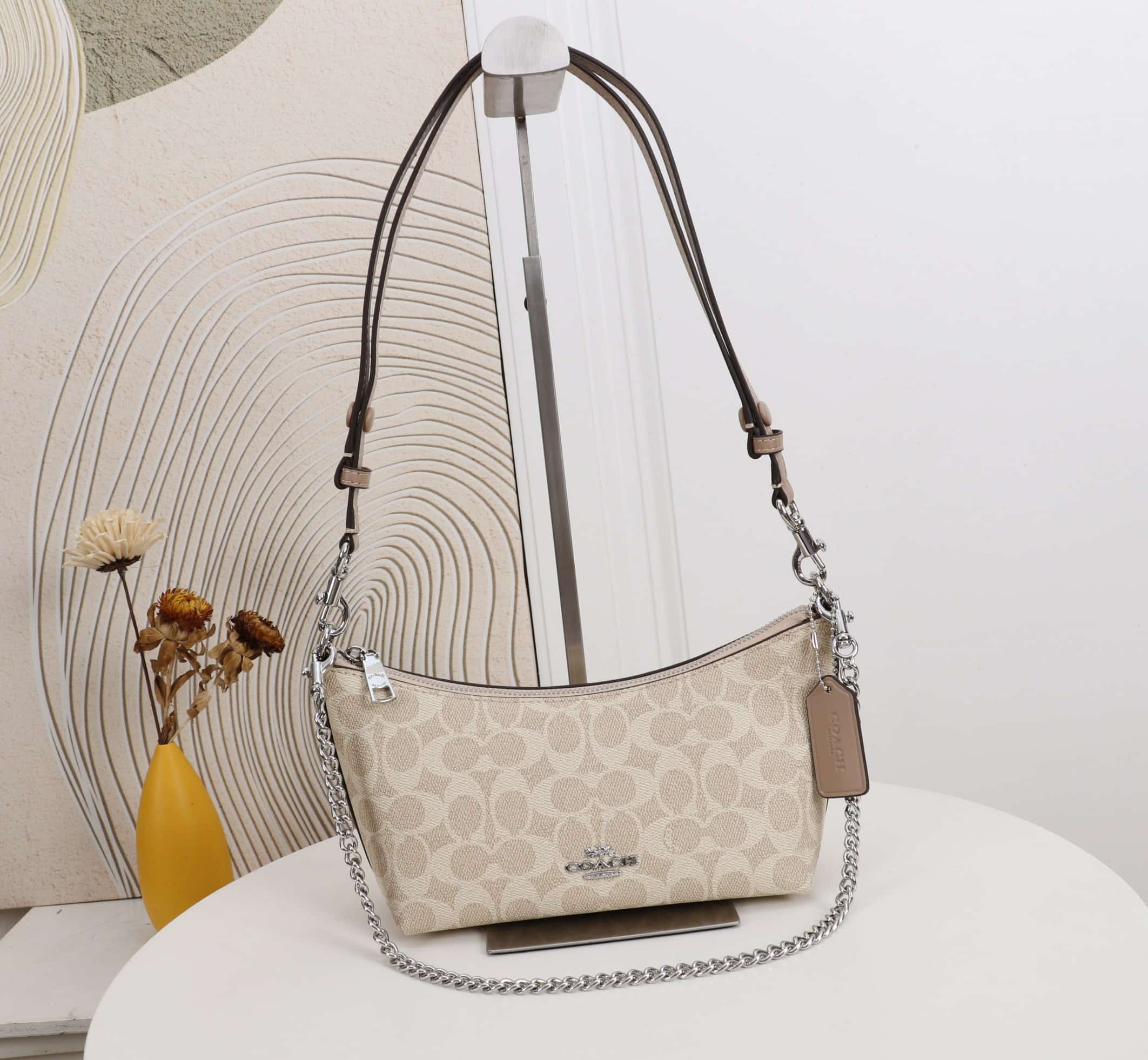 Coach Caitlin Shoulder Bag In Signature Canvas Silver/Sand/Taupe High