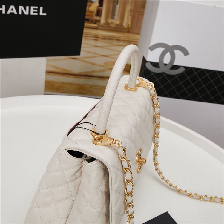 Medium FLAP BAG WITH TOP HANDLE Grained Calfskin Gold Metal High