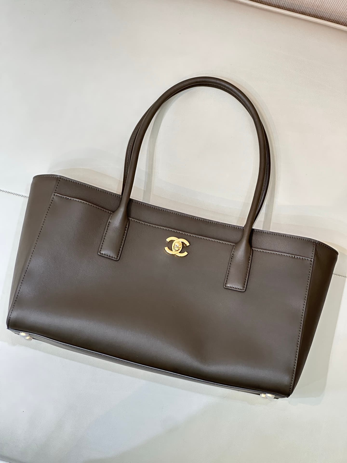 Chanel Small Shopping Bag Calfskin & Gold-Tone Metal Military Green AS6243 TOP