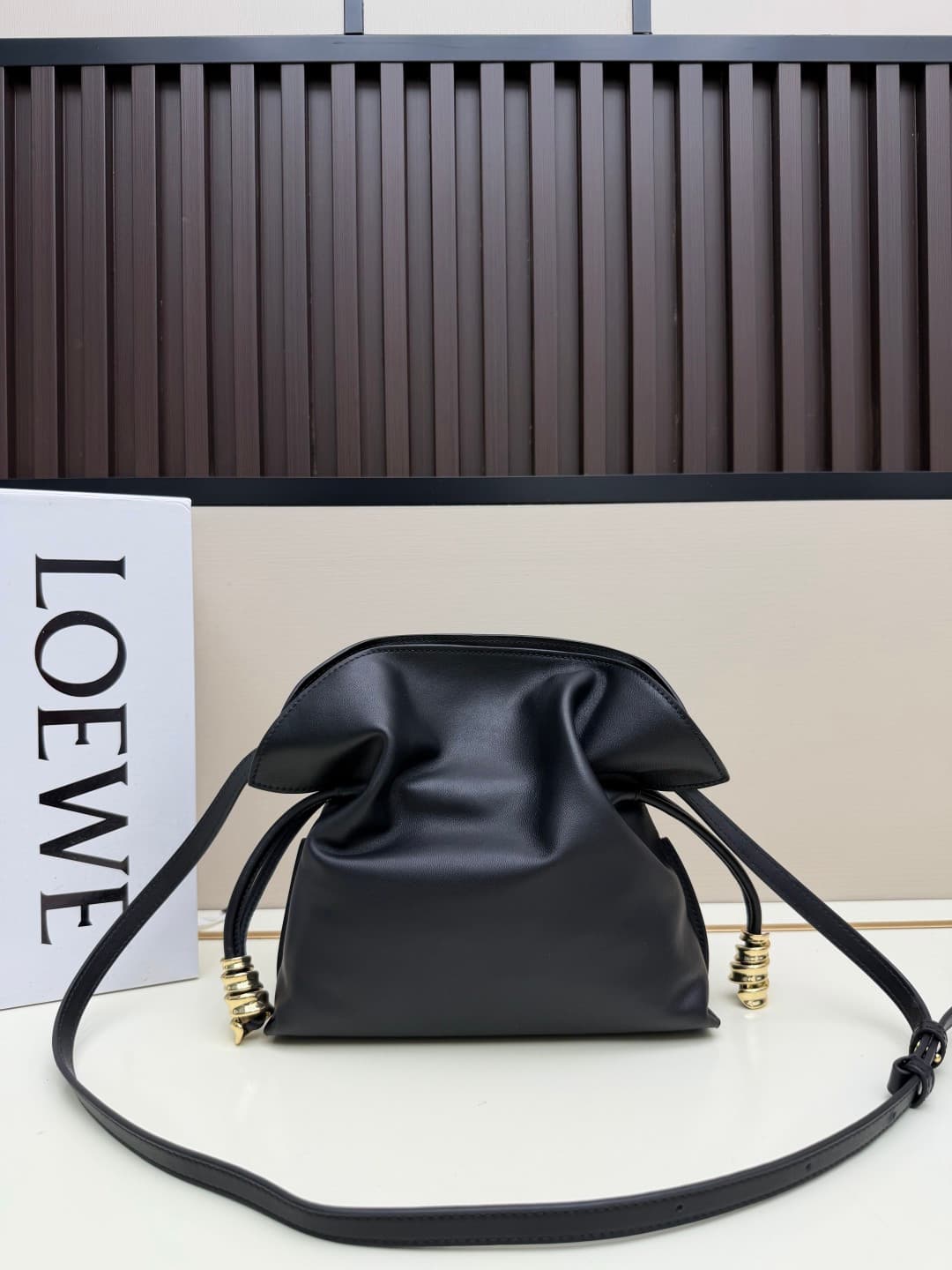 Loewe Small Flamenco Ruched Clutch Bag in Black Leather High