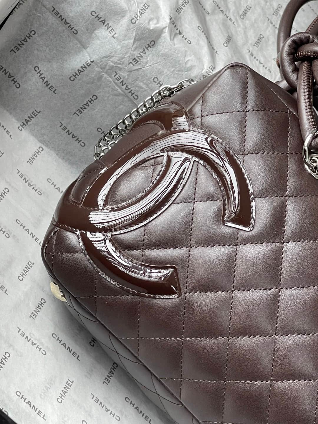 Chanel Cambon Ligne Bowler bag Calfskin & Silver-Tone Metal AS25171 Dark Brown High