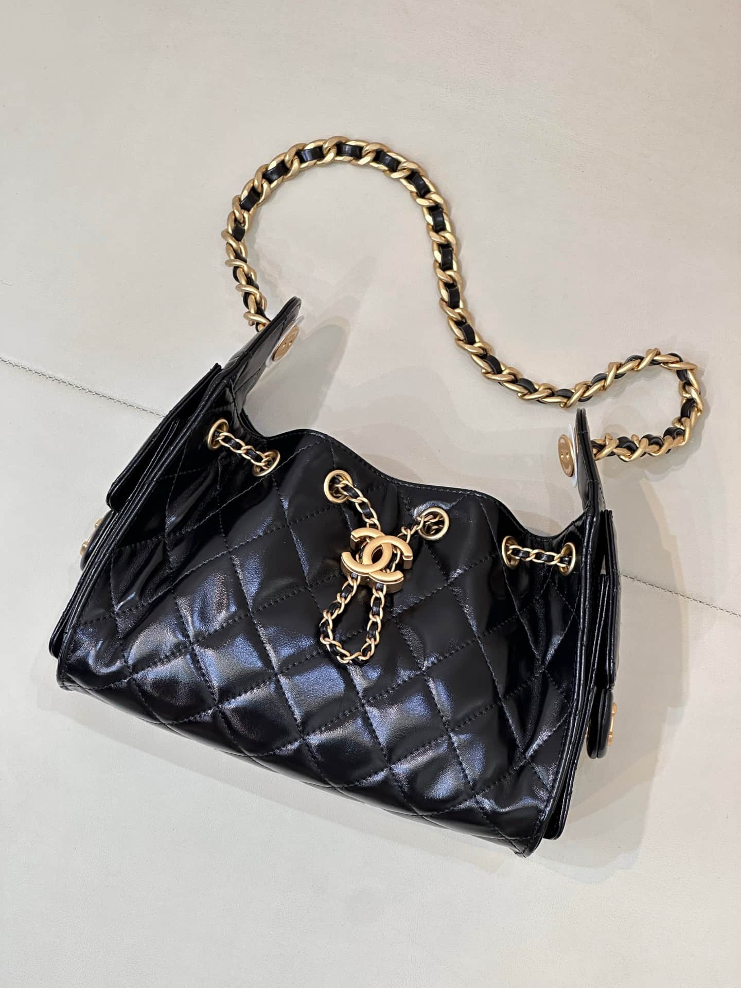 CHANEL 25 Mini Handbag AS5631 Shiny Calfskin & Gold-tone Metal Black TOP