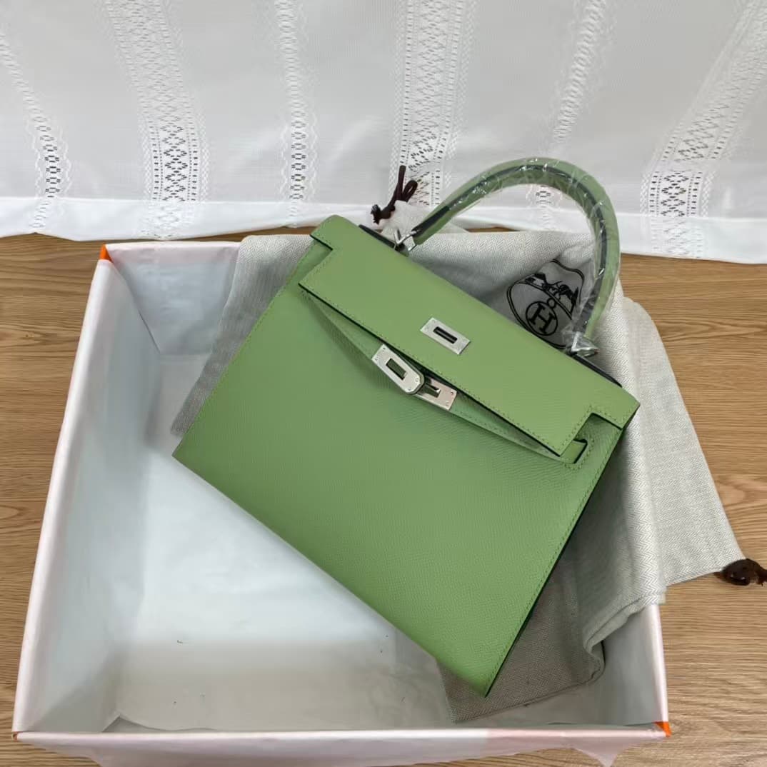 Hermes Kelly 25/28cm Sellier Bag Epsom Leather Silver/Gold Metal In Vert Criquet WAX High